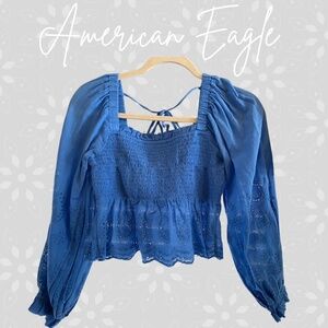 American Eagle Babydoll Smocked Eyelet Blouse